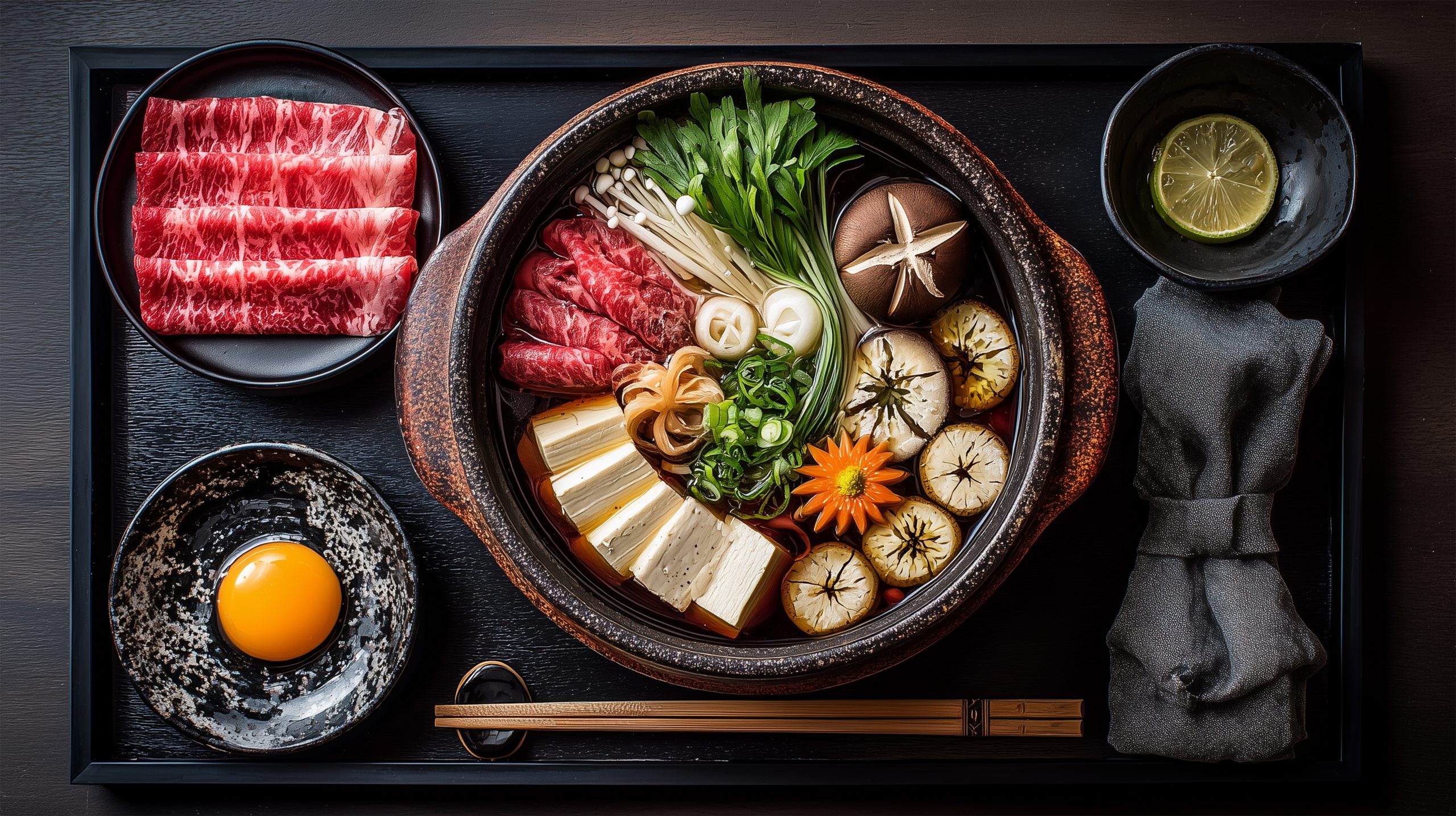 Hochwertiges japanisches Sukiyaki-Set mit dünn geschnittenem Rindfleisch, Tofu, Pilzen, Frühlingszwiebeln, Enoki, Gemüseblüten und rohem Eigelb – kunstvoll arrangiert in einer traditionellen Keramikschüssel und serviert im Japanischen Donabe Topf beim Kochen auf dem Herd.