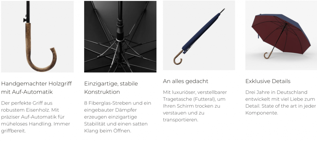 Detailaufnahmen eines hochwertigen Stockschirms: handgefertigter Holzgriff, stabile Fiberglas-Konstruktion, elegante Tragetasche und exklusive Regenschirm-Designmerkmale.