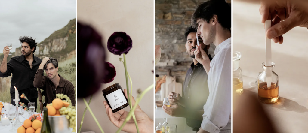 Stimmungsvolle Collage aus vier Szenen: Outdoor-Dinner mit zwei Männern, Nahaufnahme einer Eleven People Duftkerze, zwei Personen beim Testen von Parfums und Duftessenz in Glasfläschchen – hochwertige Lifestyle- und Duftinspiration