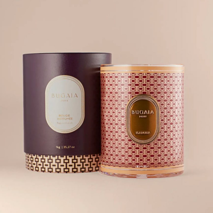 BUGAIA Paris Duftkerze ‚Isadora‘ in gold-rot gemustertem Designglas mit passender luxuriöser Geschenkbox.