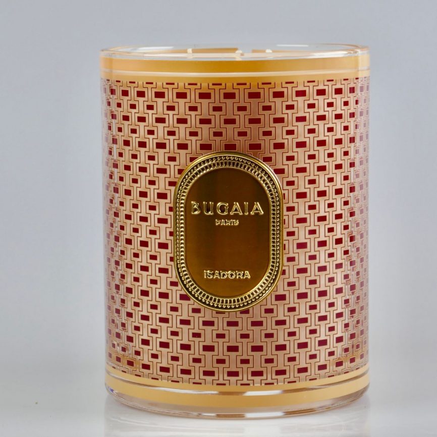 BUGAIA Paris Duftkerze ‚Isadora‘ im gold-rot gemusterten Glas mit edler goldener Plakette – luxuriöse Designerkerze.