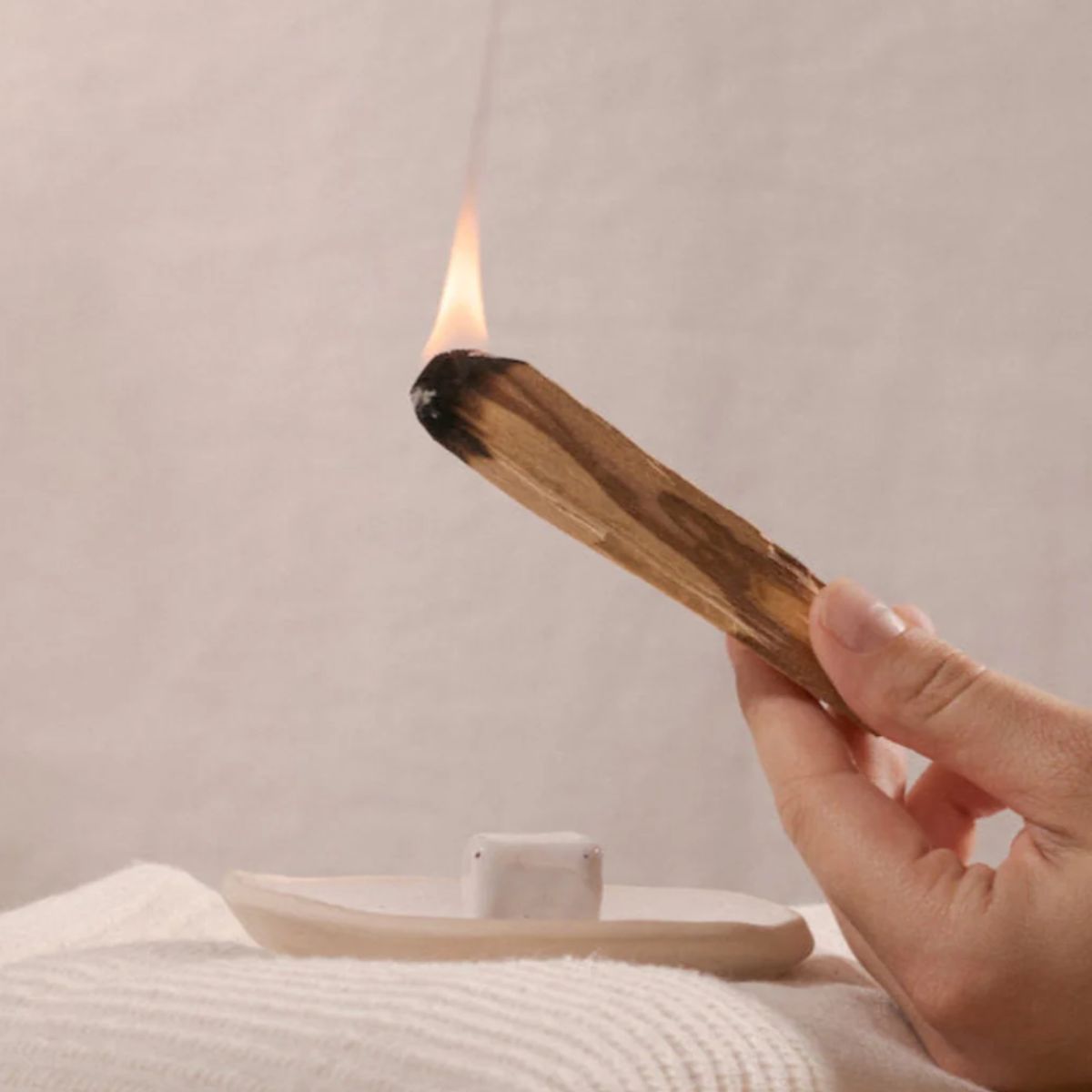 Bois d'encens de noneedformore – Palo Santo brûlant sur une base en liège avec fumée ascendante et décoration naturelle.