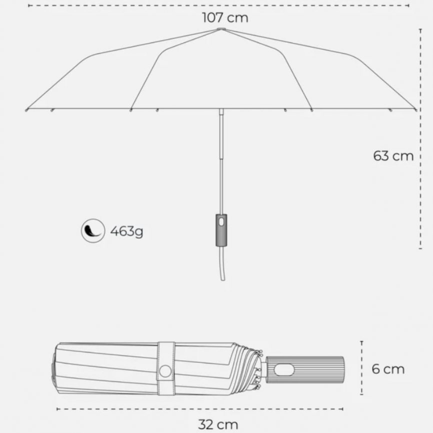 Technische Zeichnung des Sapor Design Regenschirms mit Maßen: 107 cm Spannweite, 63 cm Höhe, 32 cm Länge geschlossen und 463 g Gewicht.