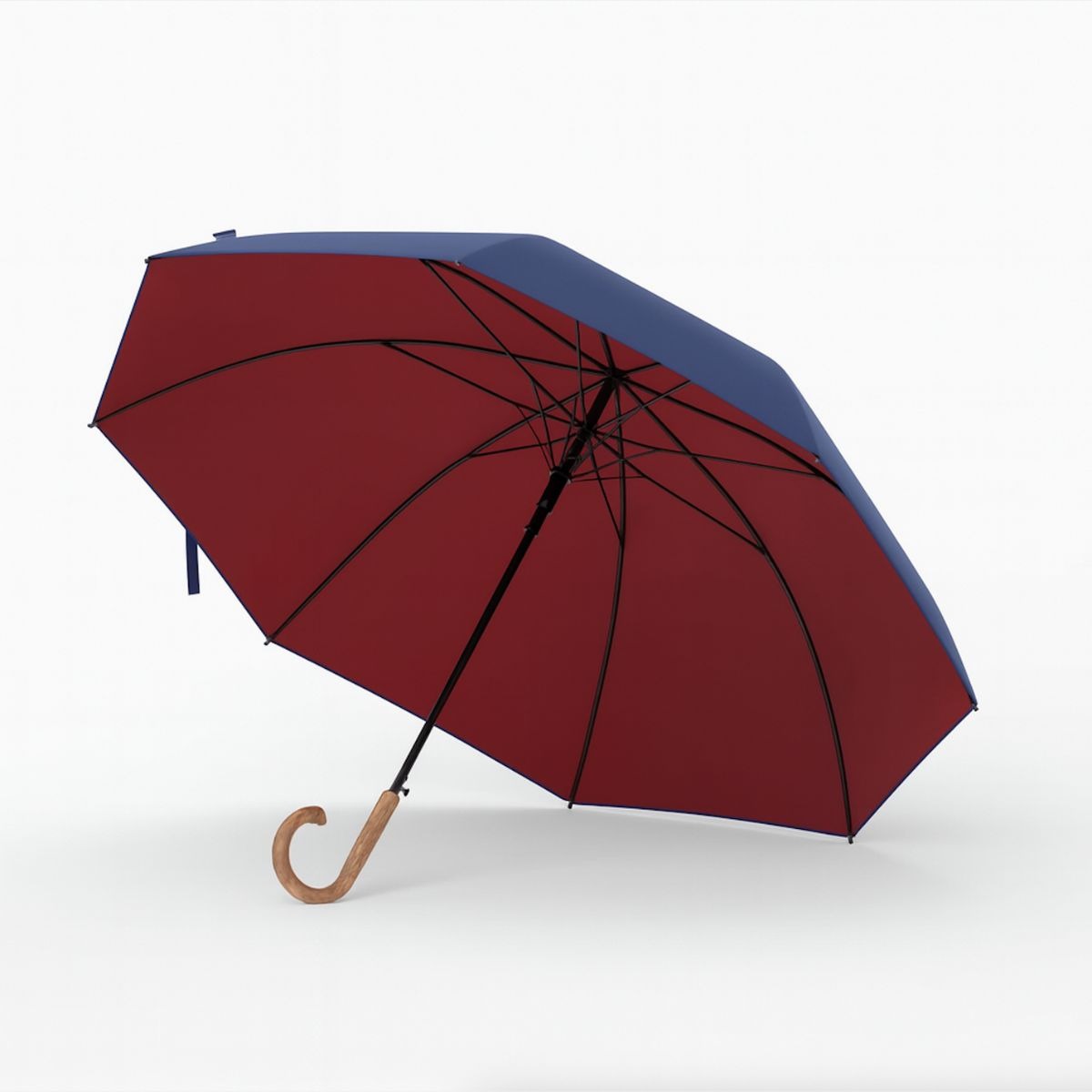 Blauer Sapor Design Stockschirm mit burgunderroter Innenseite und gebogenem Holzgriff vor hellem Hintergrund.
