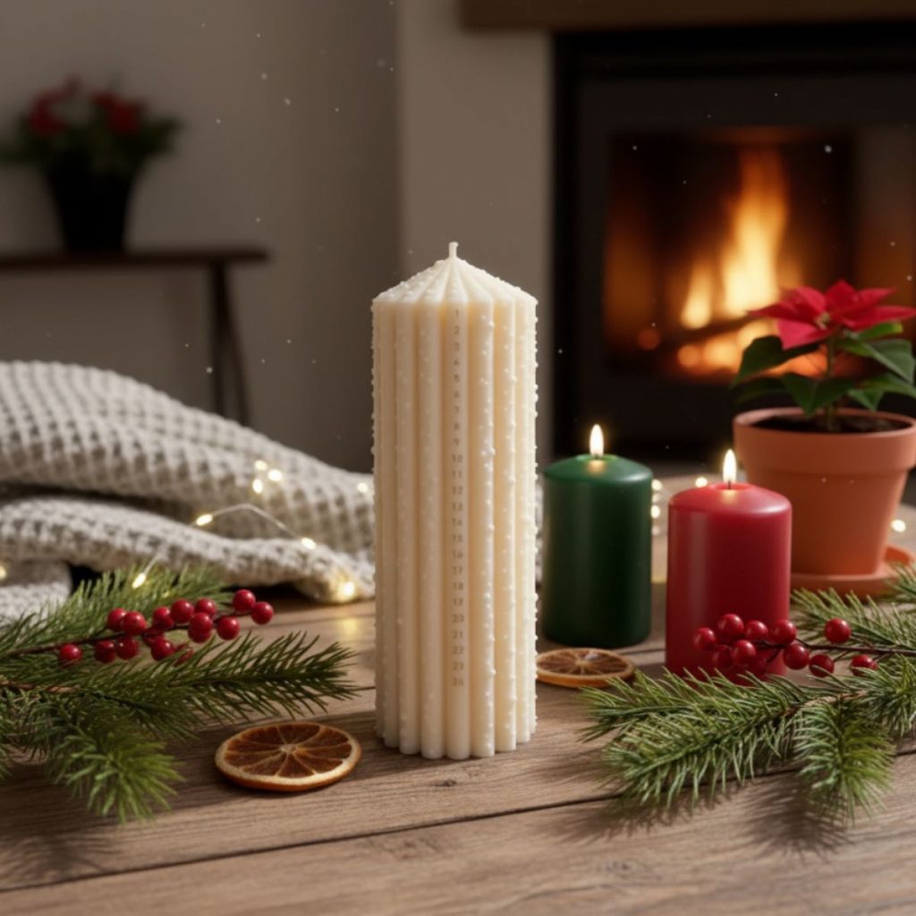 Studio M Candles Adventskerze aus cremefarbenem Wachs mit Datumsskala, weihnachtlich dekoriert mit Tannenzweigen, Beeren und getrockneten Orangen vor einem Kamin