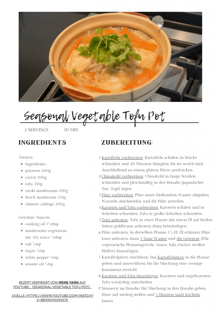 Seasonal Vegetable Tofu Pot – japanischer Tontopf mit Tofu, Kartoffelpüree, Karotten, Pilzen und Chinakohl in milder Gemüsebrühe.
