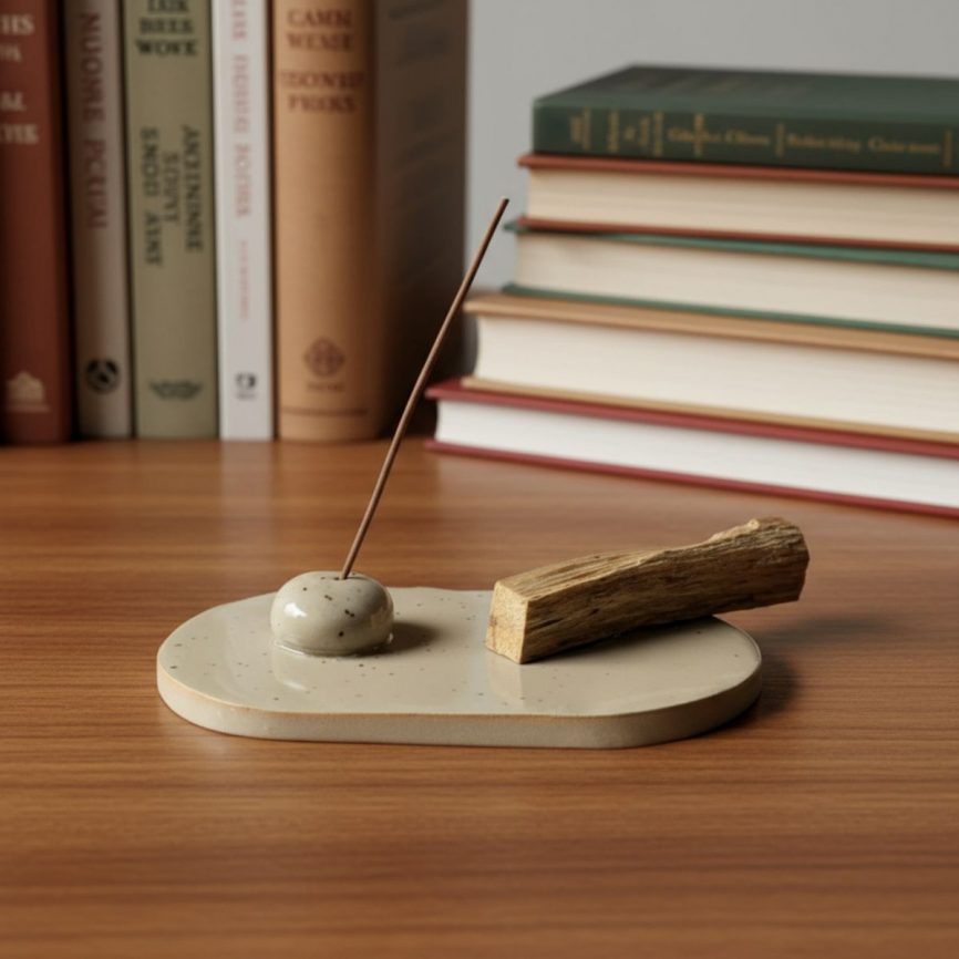 noneedformore Räucherset mit Keramikhalter, brennendem Räucherstäbchen und Palo-Santo-Holz auf einem Holztisch – minimalistisches Aromatherapie-Set.